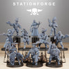 Collection of gray miniature figurines on a stand with 'Stationforge' branding.