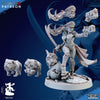The Iron Korps - Commissar Pinup - Ghamak by My Store is a 28mm resin mini: a woman in futuristic armor with sword and pistol, flanked by two bulldogs and a robotic companion with goggles/masks, on a round base with supports.