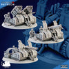 Iron Korps - Field Artillery Companies by Ghamak from My Store: three detailed 3D printed sci-fi artillery vehicles with treads and cannons, each with a crew figure, shown on round bases against a blue background.