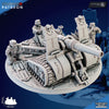 The Iron Korps - Field Artillery Companies - Ghamak 3D miniature by My Store features four soldiers manning a tank-like sci-fi cannon with tracks and detailed parts, mounted on a round base. Scale markers are shown in the bottom left corner.