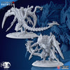 Two highly detailed, white 28mm Revenger Alpha - Ghamak miniatures by Print Hammer—alien monsters with sharp claws, spiked tails, and armor plates—stand on round bases against a dark blue sci-fi background.