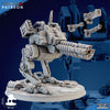 The Iron Korps - ATS Warwalker by My Store is an 80mm-tall, high-detail resin model featuring a rotating gatling gun, missile pods, and floating weapon attachments—perfect for tabletop sci-fi adventures.