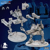 Iron Korps - ATS Warwalker - Ghamak by My Store: 3D-printed sci-fi mech miniatures with heavy weapons and mechanical limbs, shown on textured bases with scale reference and Ghamak Patreon text, perfect for tabletop adventures. Blue background.