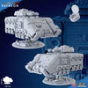 The Sidereum Knights - Achilles - Ghamak by My Store is a 3D-rendered sci-fi armored vehicle miniature with angular armor, turret, and hatch, shown from multiple angles on round bases with blue background, tech graphics, and scale reference.