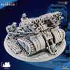 The Iron Korps - Field Artillery Companies - Ghamak by My Store is a detailed 3D printed sci-fi miniature featuring two soldiers with a missile launcher on tank treads, mounted on a circular base with intricate mechanical and military details.