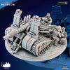 The Iron Korps - Field Artillery Companies - Ghamak by My Store features an intricately detailed sci-fi tank with skull motifs, cannon, treads, cables, and armored crew on a terrain-detailed circular base.