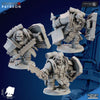 Three detailed 3D Printed Iron Korps - Iron Ogres sci-fi soldier miniatures from Ghamak by My Store, wielding large weapons and shields in dynamic poses. High-end resin printed, unpainted, and displayed on a blue background with text and logos.