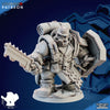 The Iron Korps - Iron Ogres by My Store is a detailed 3D-printed miniature of a sci-fi soldier with gun, shield, helmet, and backpack on a textured base—ideal for collectors or custom orders seeking premium resin prints.