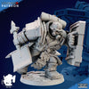 The Iron Korps - Iron Ogres - Ghamak 3D printed miniature from My Store features an armored soldier with axe and shield, gas mask, blue accents, textured base, and Patreon/Chamak logos—great for custom orders.