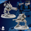 The Iron Korps - ATS Warwalker by My Store is a 3D-rendered futuristic robotic walker with heavy guns on a round base, shown from multiple angles, featuring text/logos for high-end resin printing compatibility.