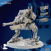The Iron Korps - ATS Warwalker by Ghamak, from My Store, is a 3D-printed sci-fi mech with articulated legs, heavy armor, and large cannons on a textured base—ideal for Tabletop Adventures. Scale/support info appears in image corners; background shows another view.